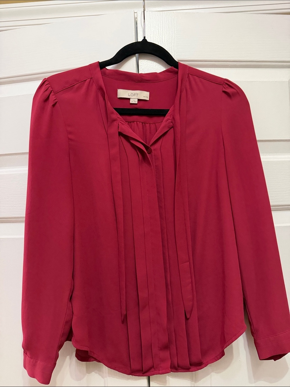 LOFT Rose-Red Pleated Tie-Neck Blouse